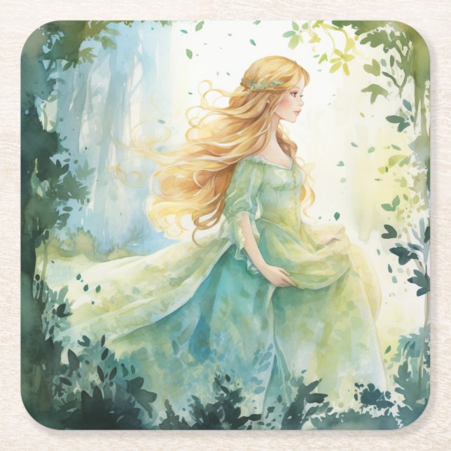 Porta-copo De Papel Quadrado Watercolour Forest Princess (Frente)