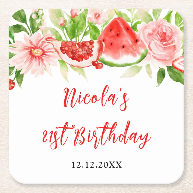 Porta-copo De Papel Quadrado Watermelon and Pomegranate Birthday (Frente)