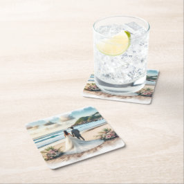 Porta-copo De Papel Quadrado Wedding Beach Couple