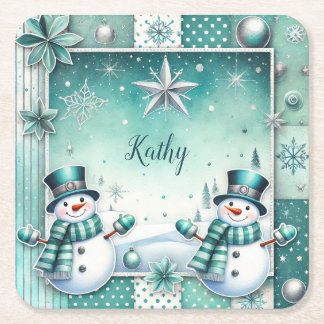 Porta-copo De Papel Quadrado Weihnachten: Schneemänner türkise