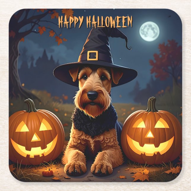 Porta-copo De Papel Quadrado Welsh Terrier Halloween (Frente)