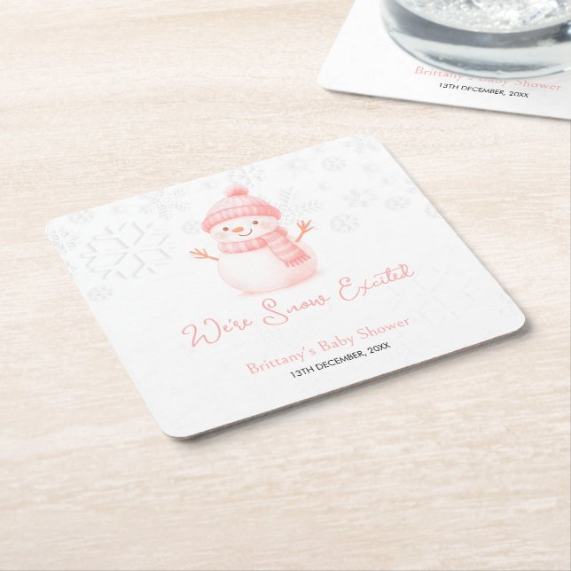 Porta-copo De Papel Quadrado We're Snow Excited Snowmen Girl Baby Shower (Inclinado)