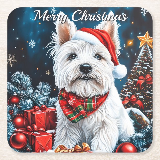 Porta-copo De Papel Quadrado West Highland White Terrier Natal (Frente)