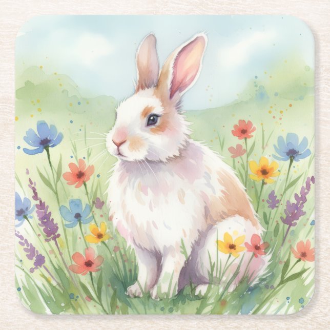Porta-copo De Papel Quadrado Whimsical Easter Bunny Spring coaster square (Frente)