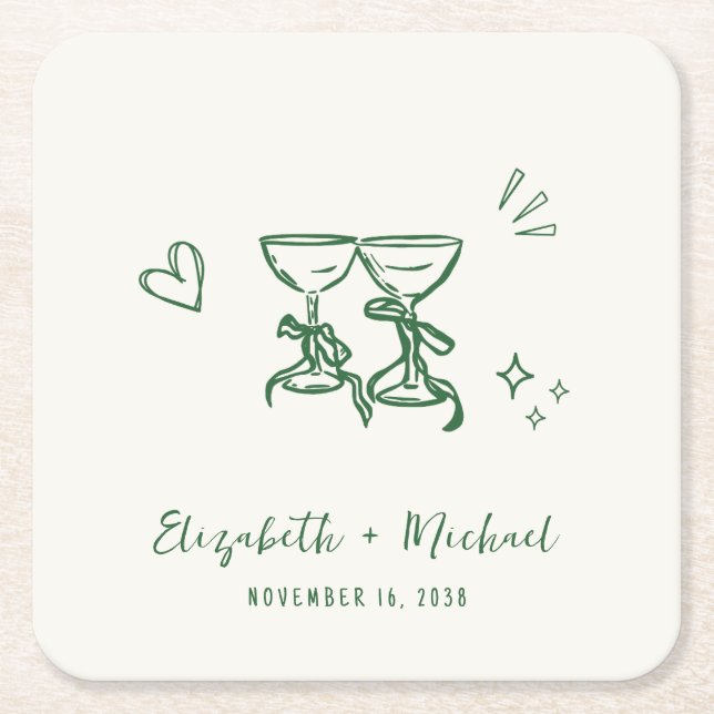 Porta-copo De Papel Quadrado Whimsical Hand Drawn Green Cream Wedding (Frente)