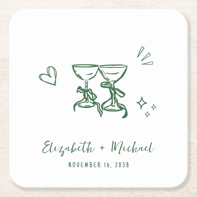 Porta-copo De Papel Quadrado Whimsical Hand Drawn Green Wine Glasses Wedding (Frente)