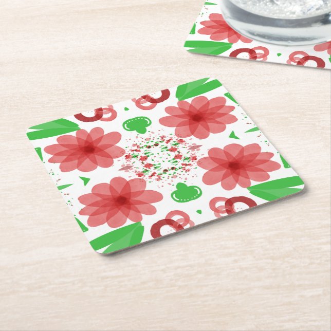 Porta-copo De Papel Quadrado Whimsical Red Flowers Green Leaves On White Art  (Inclinado)