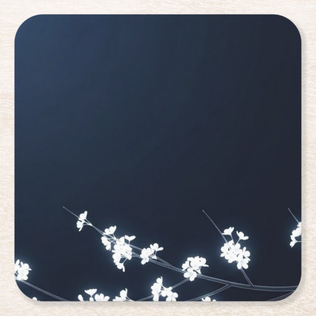Porta-copo De Papel Quadrado White Cherry Blossom Navy Background (Frente)