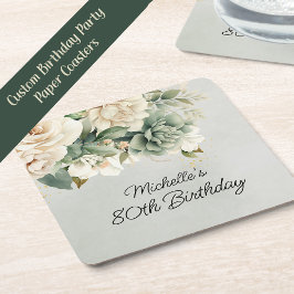 Porta-copo De Papel Quadrado White Sage Green Floral Dourado 80 Aniversário