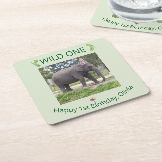 Porta-copo De Papel Quadrado Wild One Elephant Birthday Accent Design (Inclinado)
