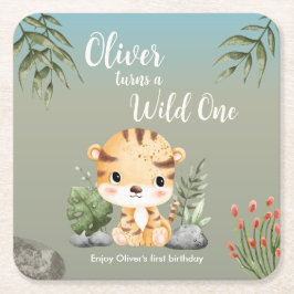 Porta-copo De Papel Quadrado Wild One Safari Animals Cute Tiger 1st Birthday