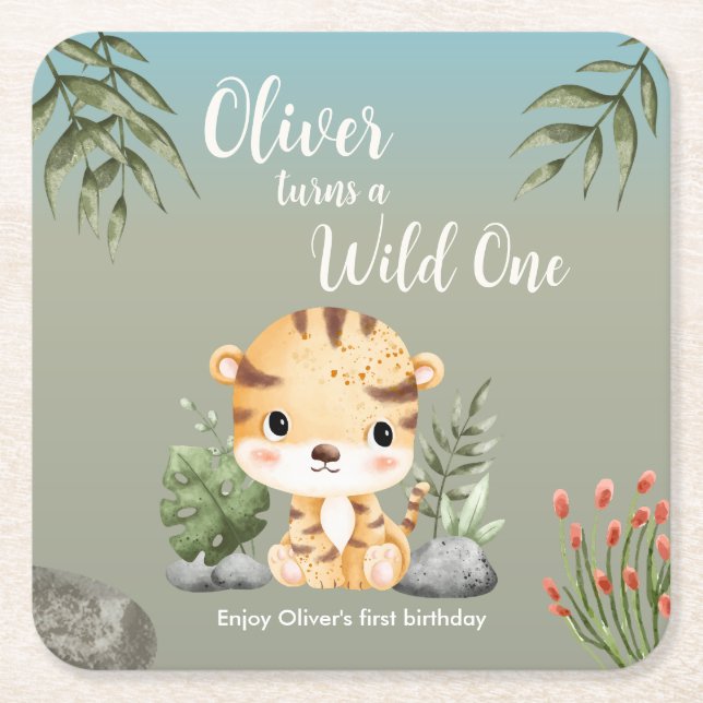 Porta-copo De Papel Quadrado Wild One Safari Animals Cute Tiger 1st Birthday (Frente)