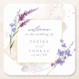 Porta-copo De Papel Quadrado Wildflower Wedding Watercolor Welcome Peri ID954