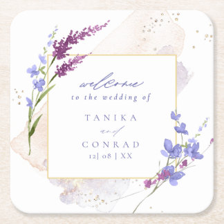 Porta-copo De Papel Quadrado Wildflower Wedding Watercolor Welcome Peri ID954