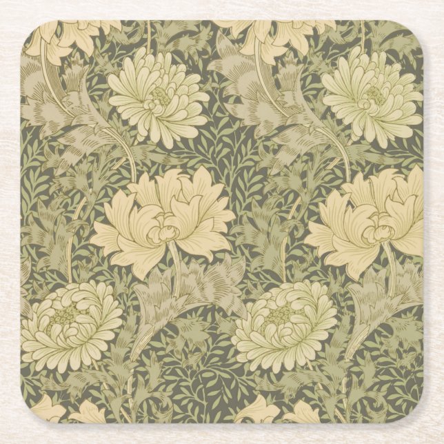 Porta-copo De Papel Quadrado William Morris Chrysanthemum Sage Flower (Frente)
