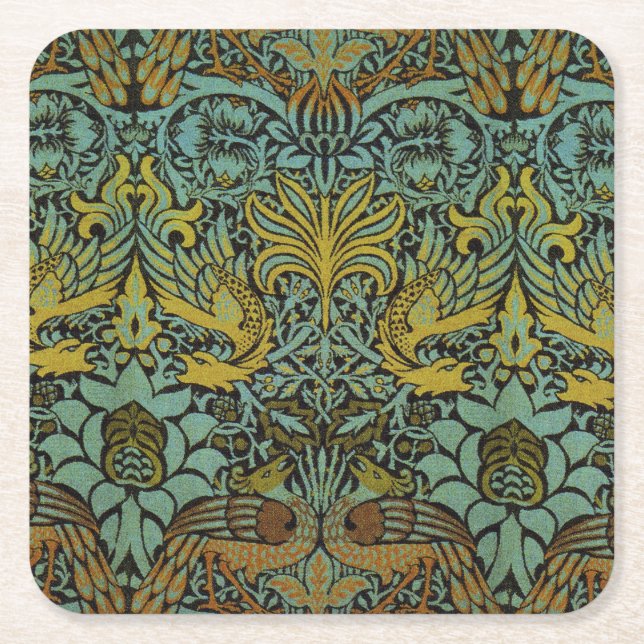 Porta-copo De Papel Quadrado William Morris Peacock Dragon Wallpaper (Frente)