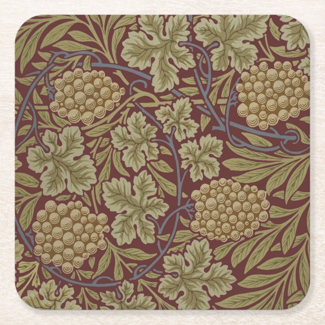 Porta-copo De Papel Quadrado William Morris Vine Grape Red Green Art (Frente)