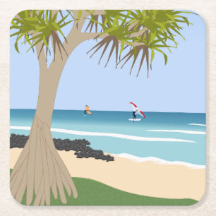 Porta-copo De Papel Quadrado Wing Foil Surfers Pandanus Tree na Praia