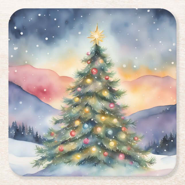 Porta-copo De Papel Quadrado Winter Christmas Tree Snowy Sunset Scenery (Frente)
