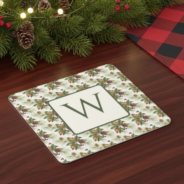 Porta-copo De Papel Quadrado Winter Evergreen Pinecone Botanical Monogram (Holiday monogram drink coaster)