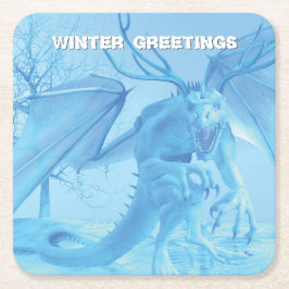 Porta-copo De Papel Quadrado Winter Greetings. Ice dragon with antlers