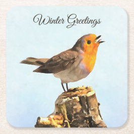 Porta-copo De Papel Quadrado Winter Greetings. Robin singing 