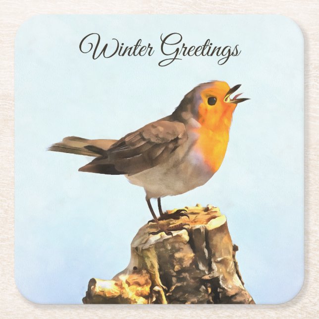 Porta-copo De Papel Quadrado Winter Greetings. Robin singing  (Frente)