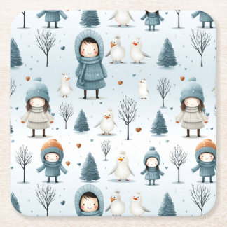 Porta-copo De Papel Quadrado Winter Kids Playing