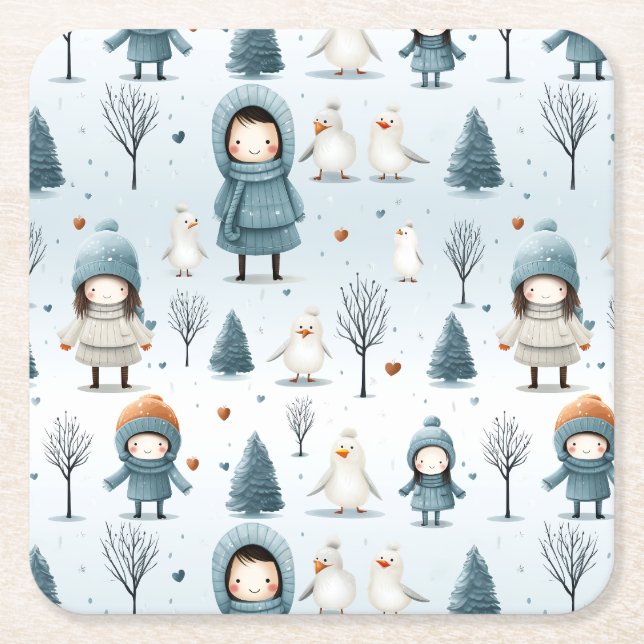 Porta-copo De Papel Quadrado Winter Kids Playing (Frente)