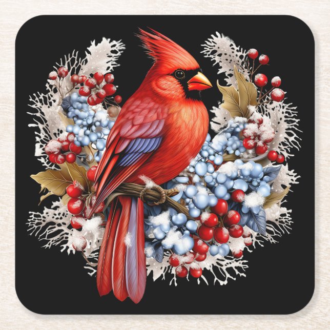Porta-copo De Papel Quadrado Winter Wonderland Red Cardinal (Frente)