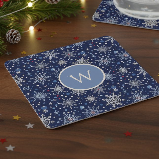 Porta-copo De Papel Quadrado Winter Wonderland Snowflake (Snowflake holiday initial drink coaster)