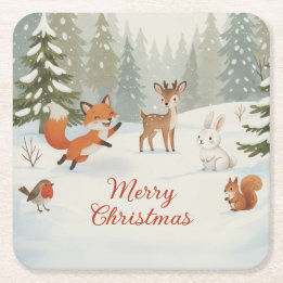 Porta-copo De Papel Quadrado Winter Woodland Merry Christmas Forest Animals