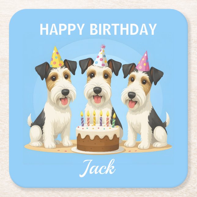 Porta-copo De Papel Quadrado Wire Hair Fox Terriers Birthday Party (Frente)