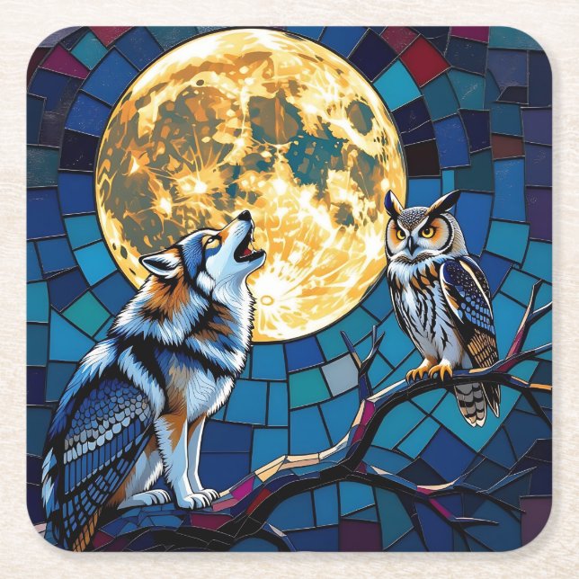 Porta-copo De Papel Quadrado  Wolf and Owl Mosaic Art (Frente)