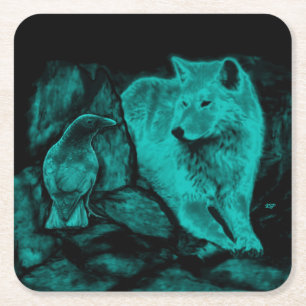 Porta-copo De Papel Quadrado Wolf e Raven na Noite