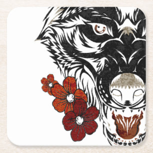 Porta-copo De Papel Quadrado Wolf Flower Tatoo Vintage