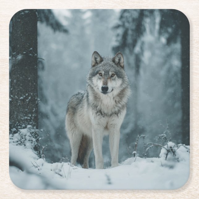 Porta-copo De Papel Quadrado Wolf in Winter (Frente)