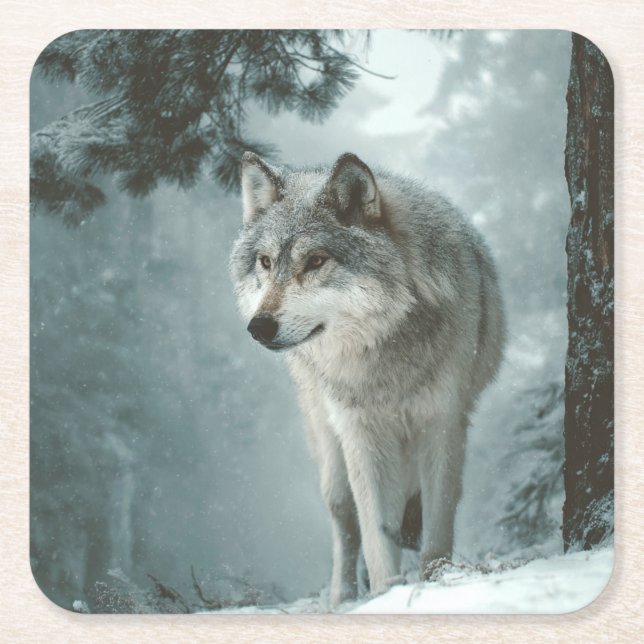 Porta-copo De Papel Quadrado Wolf in Winter (Frente)
