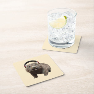 Porta-copo De Papel Quadrado Wombat engraçado com fones de ouvido Animal Legal