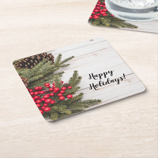 Porta-copo De Papel Quadrado Wreath e Holly Holiday Collection (Inclinado)