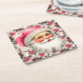 Porta-copo De Papel Quadrado Xadrez Floral de Natal do Pai Natal cor-de-rosa