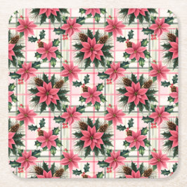 Porta-copo De Papel Quadrado Xadrez Floral de Natal Rosa Rosa Feliz Natal Feliz