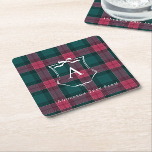 Porta-copo De Papel Quadrado Xadrez Monograma Logotipo de Natal Personalizado