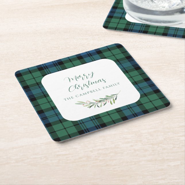 Porta-copo De Papel Quadrado Xadrez Verde Cheque Natal Tartan (Inclinado)