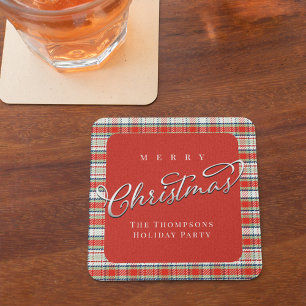 Porta-copo De Papel Quadrado Xadrez Vermelha e Verde Feliz Natal Personalizado