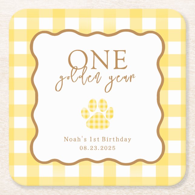 Porta-copo De Papel Quadrado Yellow Gingham One Golden Year First Birthday (Frente)