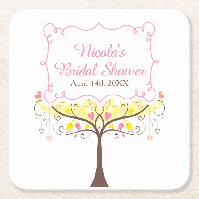 Porta-copo De Papel Quadrado Yellow Pink Floral Bird Bridal Shower  (Frente)