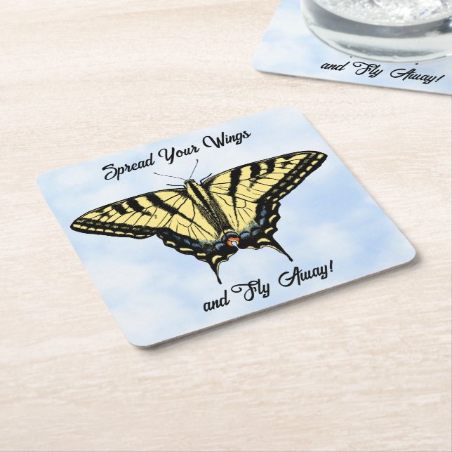 Porta-copo De Papel Quadrado Yellow Swallowtail Butterfly Blue Sky Personalized (Inclinado)
