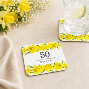 Porta-copo De Papel Quadrado Yellow Watercolor Daffodil 50th Festa de aniversár