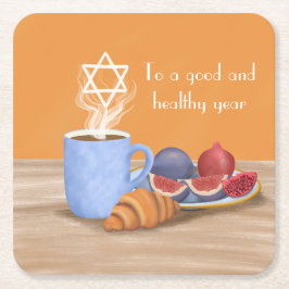 Porta-copo De Papel Quadrado Yom Kippur Quebra-Jejum: Café, Romãs